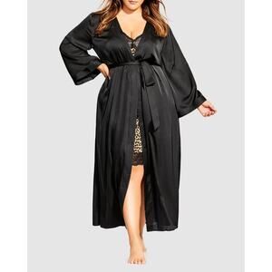 Fox & Royal City Chic Long Black Satin Robe Classic Minimalist Plus Size 18 M
